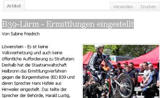 Online-Version "B39 Laerm - Ermittlungen eingestellt" Online-Version Online-Version "B39 Laerm - Ermittlungen eingestellt" Online-Version